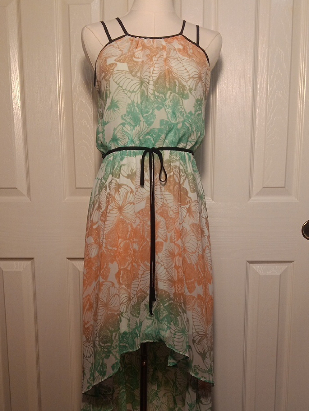 Bisou Bisou Peach & Mint High-Low Butterfly Halter Dress with Black Trim